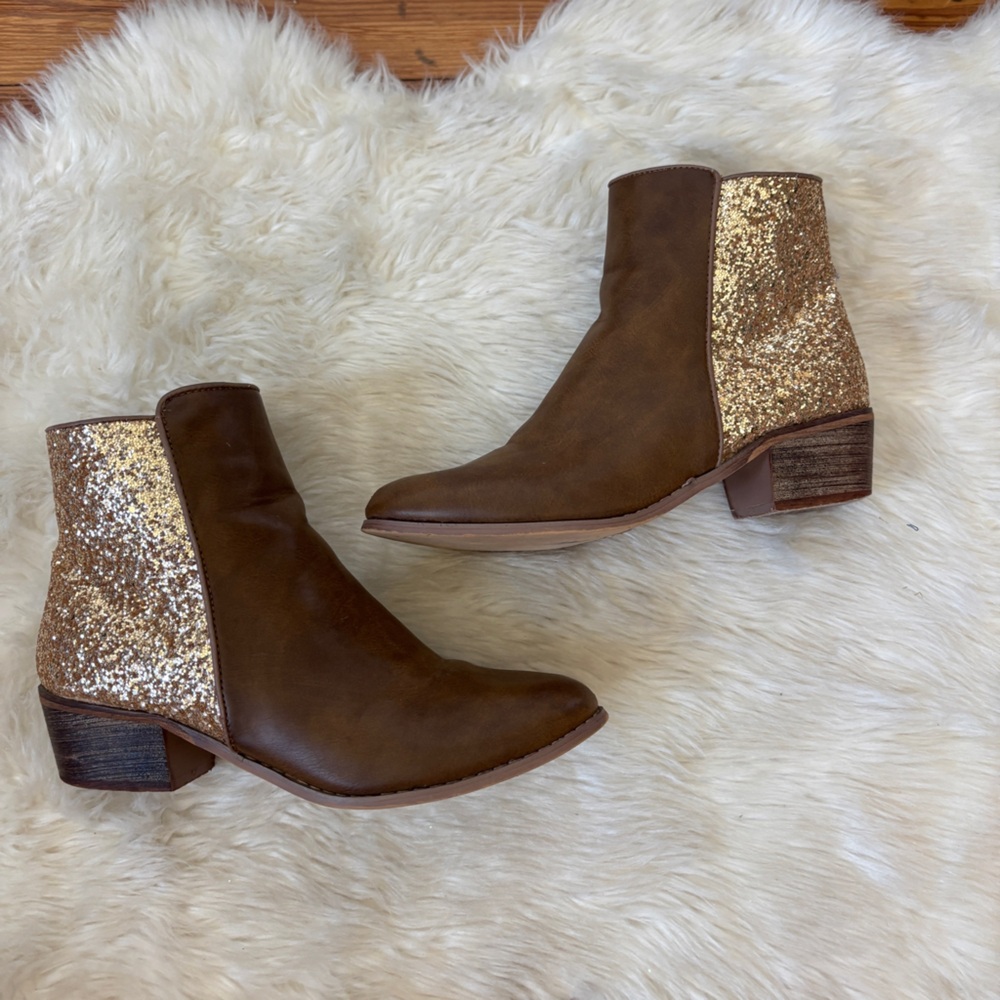 Brown and Glitter Gold Faux Leather Ankle Boots
